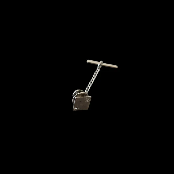 Vintage Sterling Silver Square Tie Tack With 2 Diamonds Star/Sun Etching